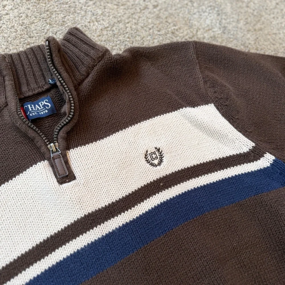 Chaps Mens Quarter Zip Sweater Brown Striped Mock Neck Knit Pullover Logo